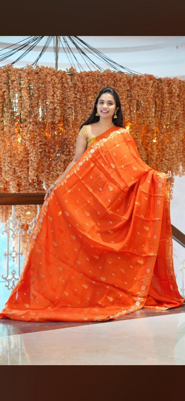 Manipuri kota  Gold and silver  Zari weaving Buttis  with Banaras Border -Orange