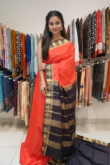 Mysore Silk sarees with  Gandaberunda Design  Contrast  Border -Orange