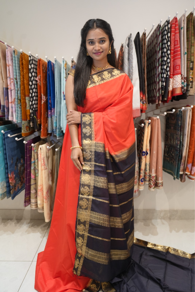 Mysore Silk sarees with  Gandaberunda Design  Contrast  Border -Orange
