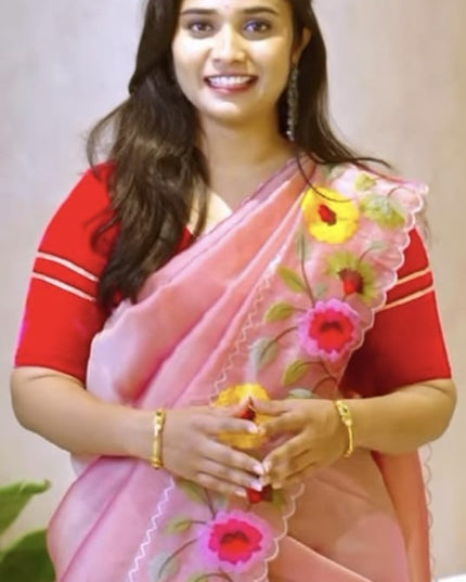 Soft tissue Organza saree with Thread work and scallop border - Baby Pink