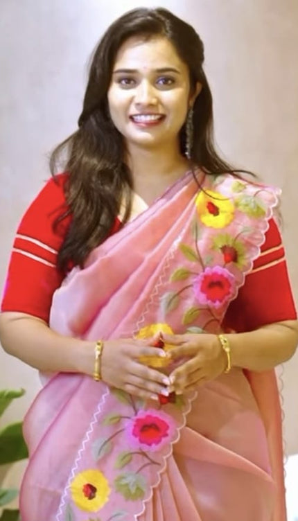 Soft tissue Organza saree with Thread work and scallop border - Baby Pink