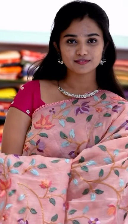 Tissue Organza Saree  All Over Thread  Work Embroidery Work With Lace Bordar -Light Pink