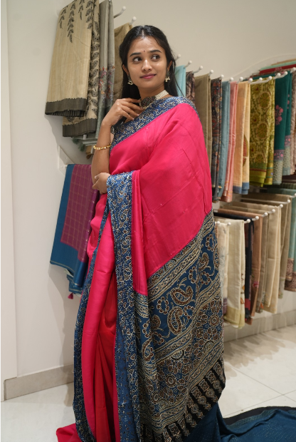 modal silk saree with mirror work and ajrakh border-pink