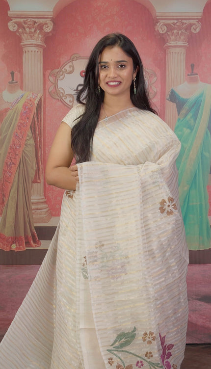 Soft Organza saree with Gold & Silver lines and Embroidery Thread work- White