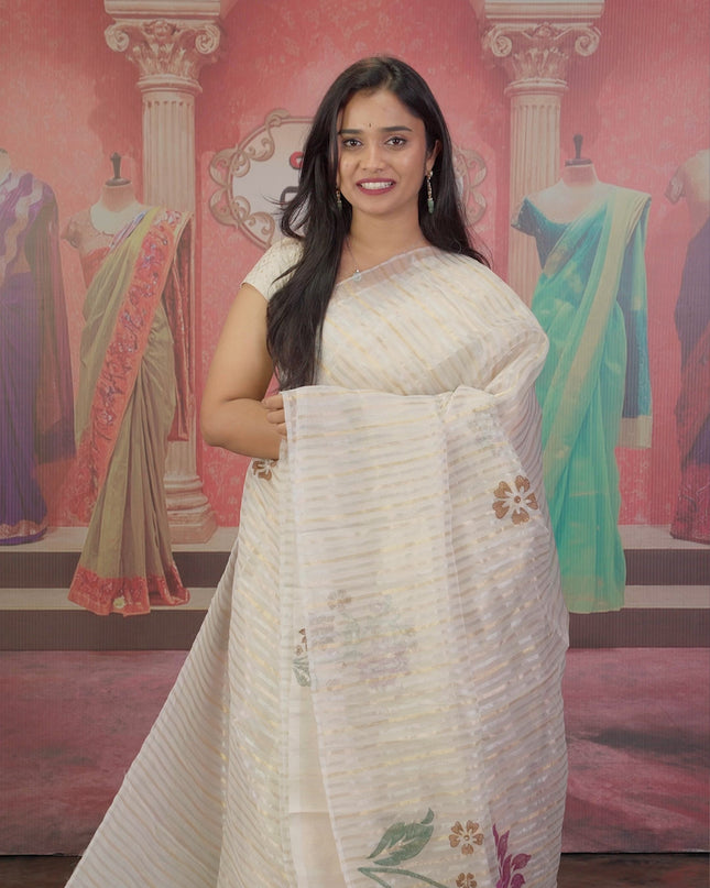 Soft Organza saree with Gold & Silver lines and Embroidery Thread work- White