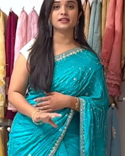 wrinkle crepe saree with kardhan work -rama green