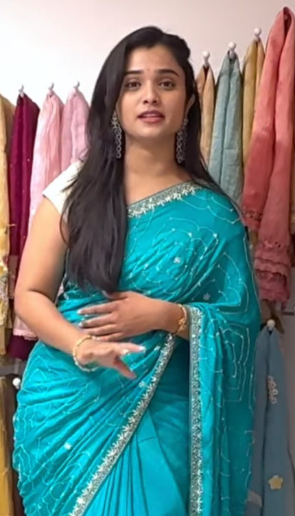wrinkle crepe saree with kardhan work -rama green