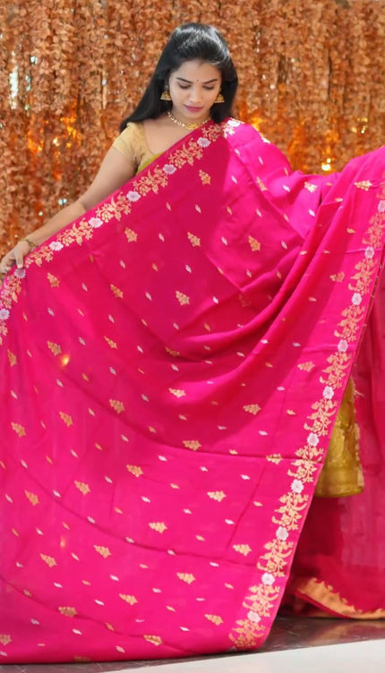 Manipuri kota  Gold and silver  Zari weaving Buttis  with Banaras Border -Rani Pink