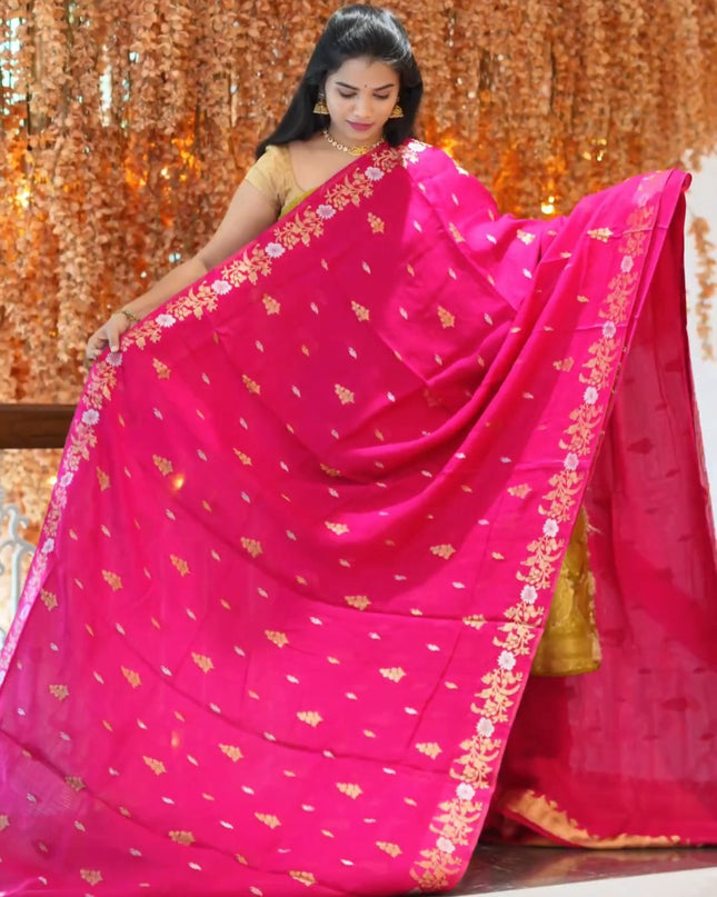 Manipuri kota  Gold and silver  Zari weaving Buttis  with Banaras Border -Rani Pink