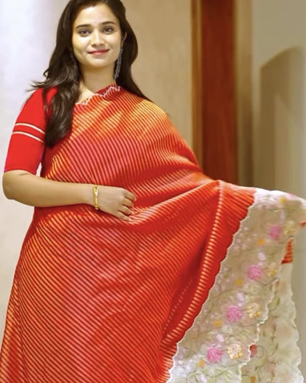 Soft Organza Saree and Golden Lines and Thread Work  scallop border - Maroon