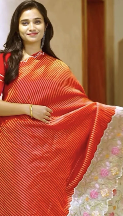 Soft Organza Saree and Golden Lines and Thread Work  scallop border - Maroon