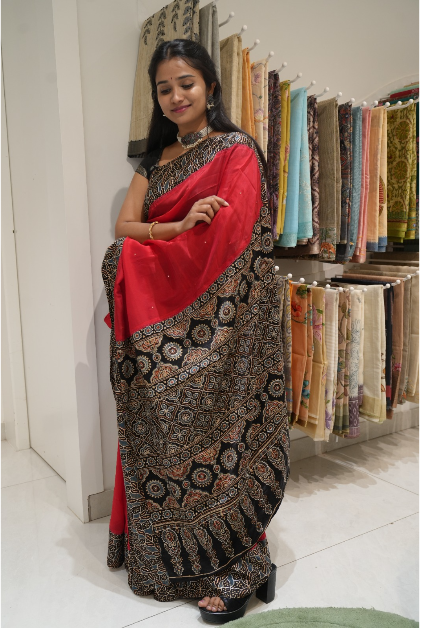 modal silk saree with mirror work and ajrakh border-red