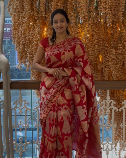 Mysore Crepe Saree with Gold and Silver Zari Gundaberunda Birds Design  Ikkat design Border- Red