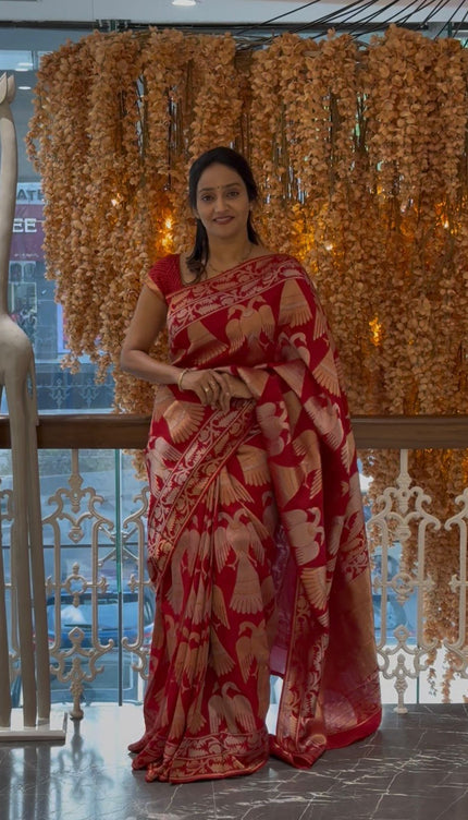 Mysore Crepe Saree with Gold and Silver Zari Gundaberunda Birds Design  Ikkat design Border- Red
