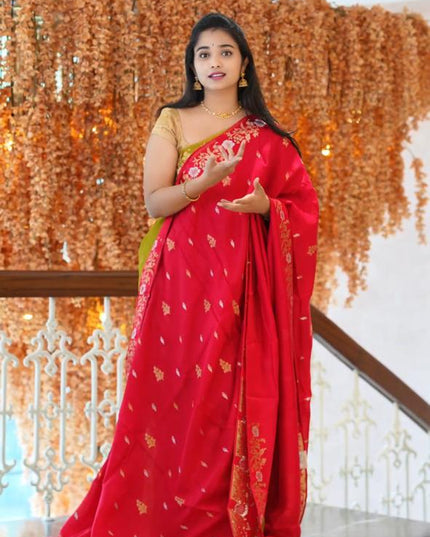 Manipuri kota  Gold and silver  Zari weaving Buttis  with Banaras Border -Red