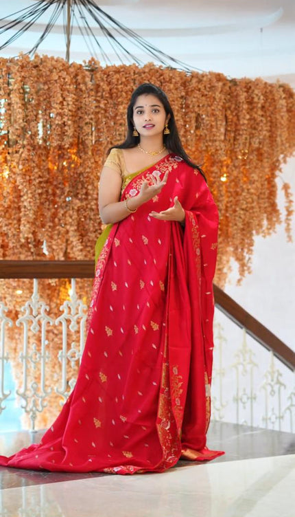 Manipuri kota  Gold and silver  Zari weaving Buttis  with Banaras Border -Red