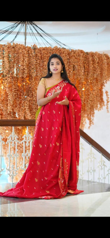 Manipuri kota  Gold and silver  Zari weaving Buttis  with Banaras Border -Red