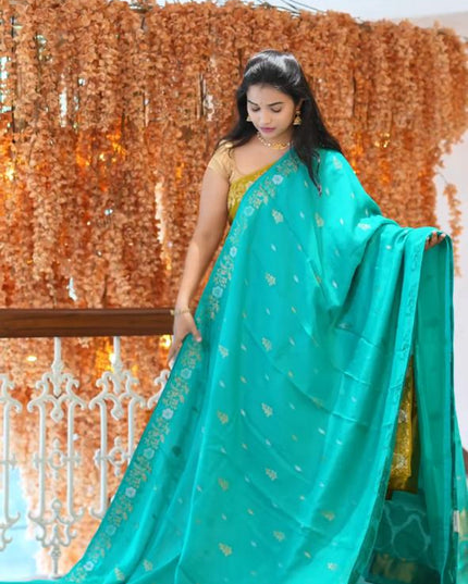 Manipuri kota  Gold and silver  Zari weaving Buttis  with Banaras Border -Sea Green