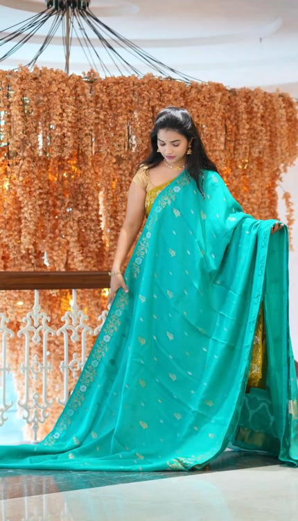Manipuri kota  Gold and silver  Zari weaving Buttis  with Banaras Border -Sea Green