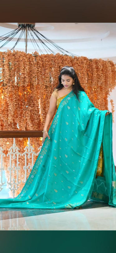 Manipuri kota  Gold and silver  Zari weaving Buttis  with Banaras Border -Sea Green