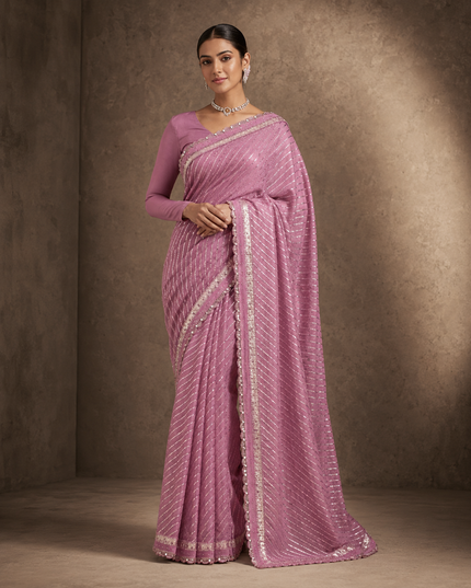 Georgette Saree with Sequence Work  and Scallop Border - Pink