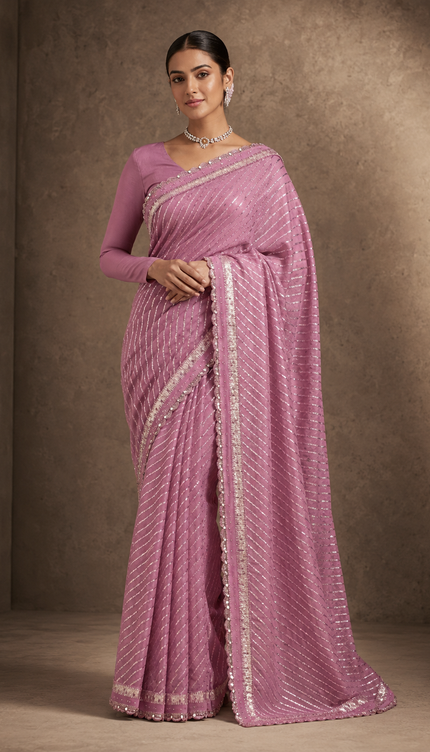 Georgette Saree with Sequence Work  and Scallop Border - Pink