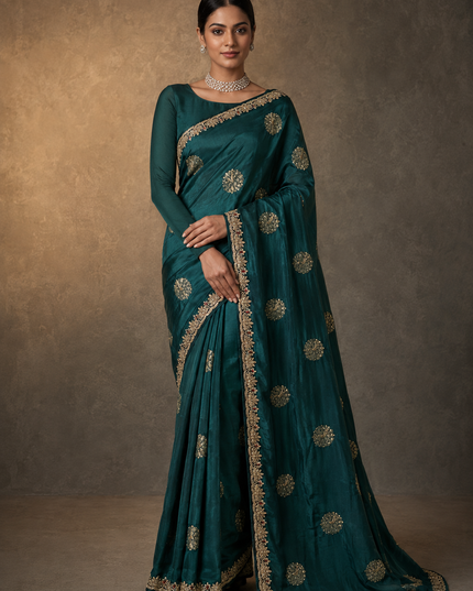 Italian Silk Saree With Peacock Motifs  Kardhan and  Zardozi Scallop Border- Bottle Green