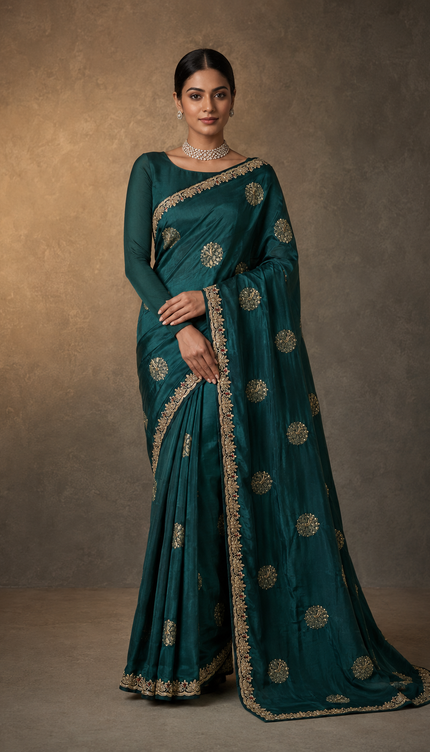 Italian Silk Saree With Peacock Motifs  Kardhan and  Zardozi Scallop Border- Bottle Green