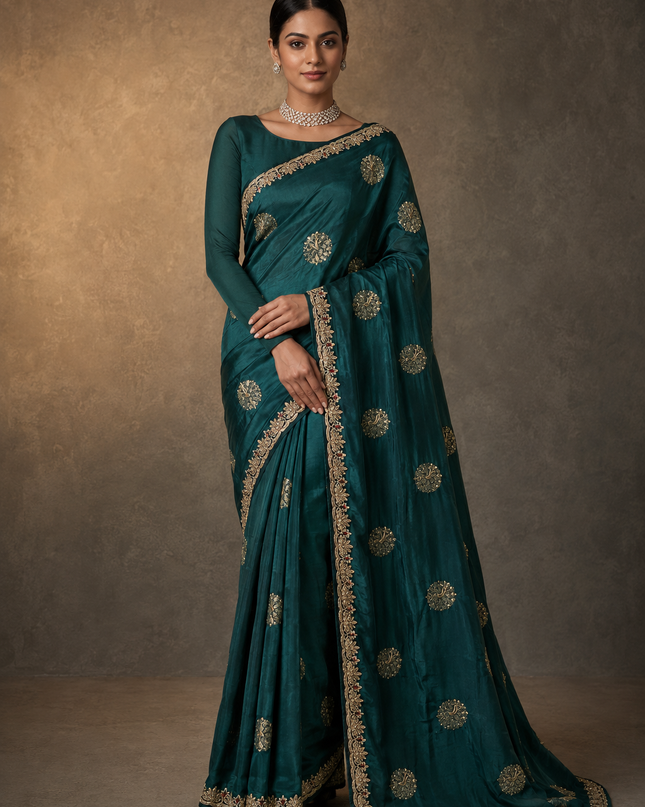 Italian Silk Saree With Peacock Motifs  Kardhan and  Zardozi Scallop Border- Bottle Green