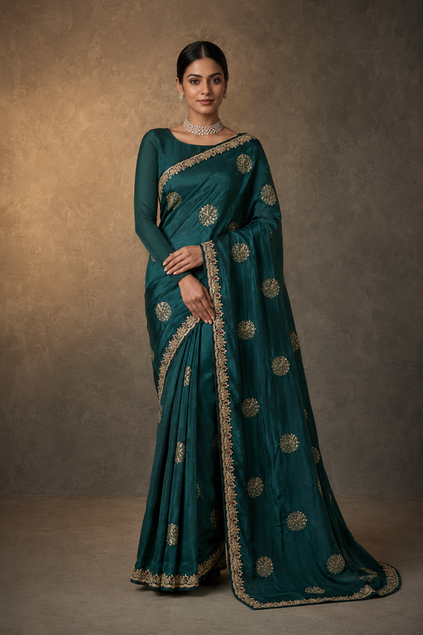 Italian Silk Saree With Peacock Motifs  Kardhan and  Zardozi Scallop Border- Bottle Green