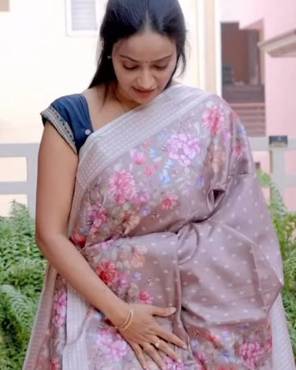 Tusser Silk Saree with Floral Print and Subtle Vertical Stripes and Small Delicate Motifs- Beige