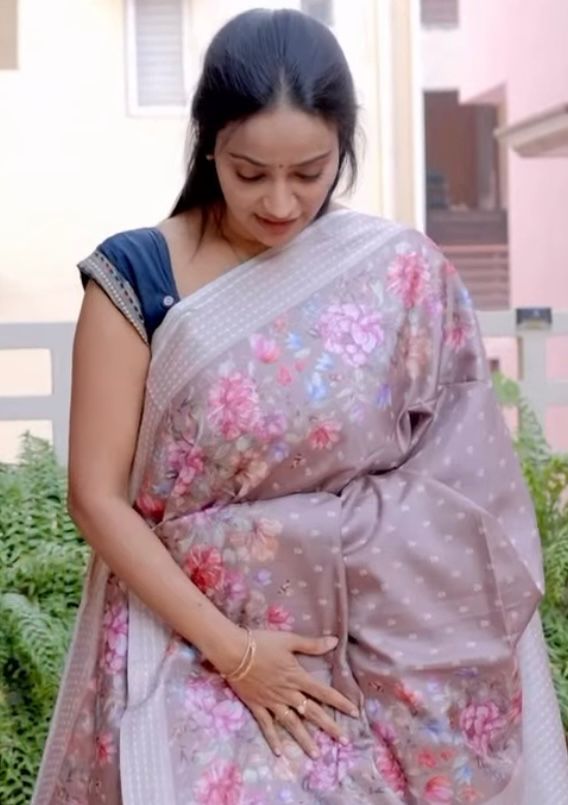 Tusser Silk Saree with Floral Print and Subtle Vertical Stripes and Small Delicate Motifs- Beige