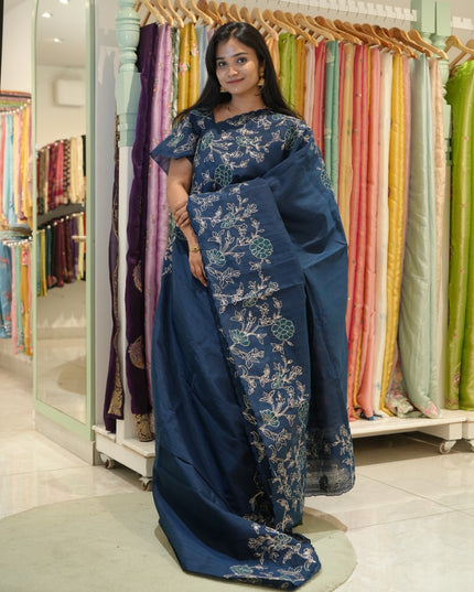 Tusser silk saree with applique and pitta work with scallop border-TEAL BLUE