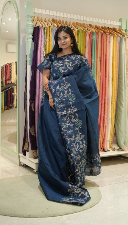 Tusser silk saree with applique and pitta work with scallop border-TEAL BLUE
