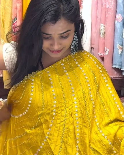 satin saree with kardhana work and scallop border-yellow