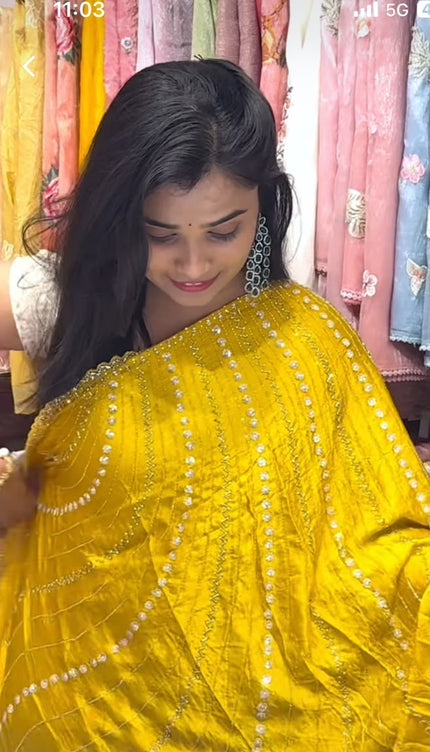 satin saree with kardhana work and scallop border-yellow