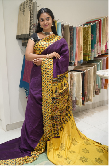 modal silk saree with mirror work  and ajrakh border-violet