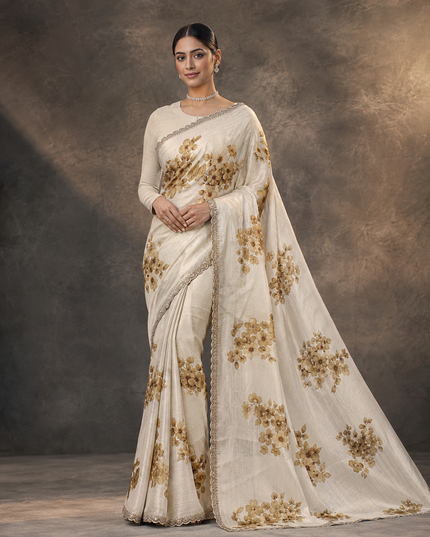 Georgette Saree With Dore Work and Scallop Border- Cream