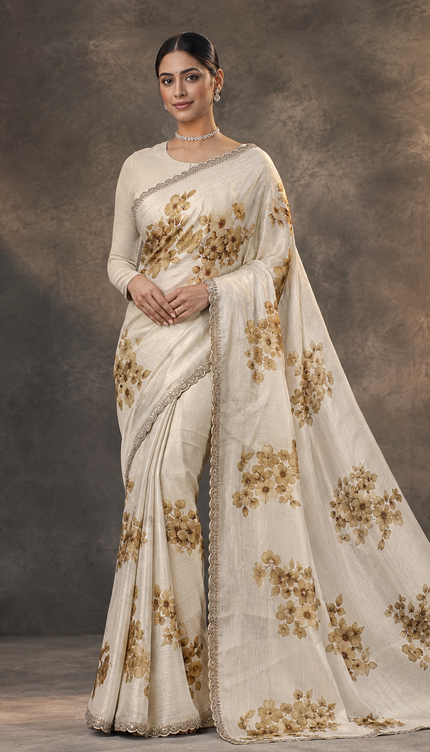 Georgette Saree With Dore Work and Scallop Border- Cream