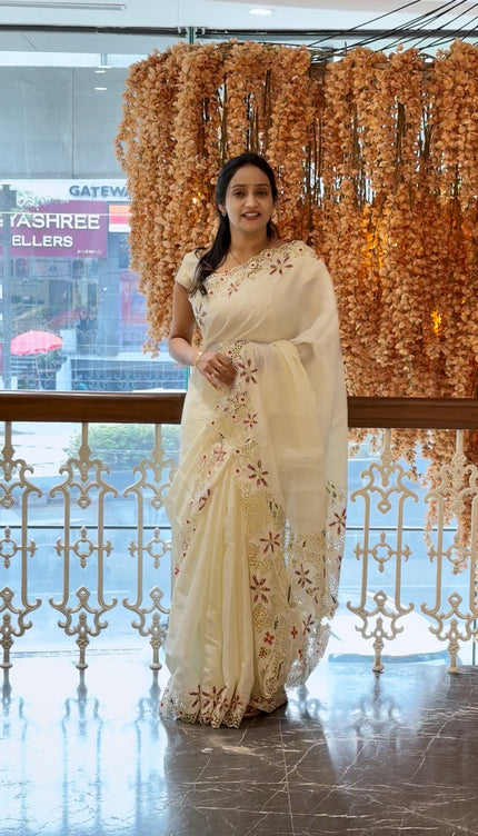 Dupion Saree with Thread  Work and Scallop Border-Off White