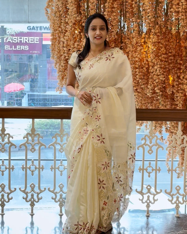 Dupion Saree with Thread  Work and Scallop Border-Off White