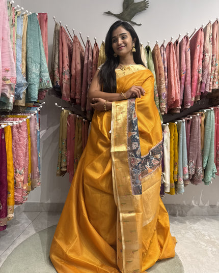 silk kota saree with muniya border-mustered yellow