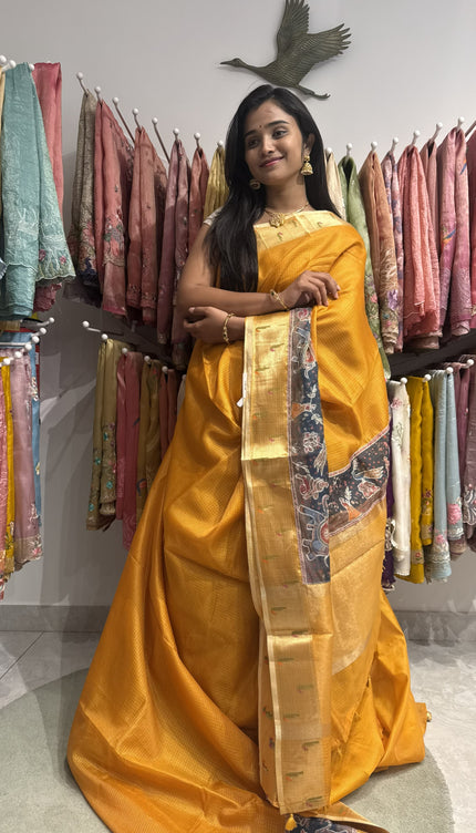 silk kota saree with muniya border-mustered yellow