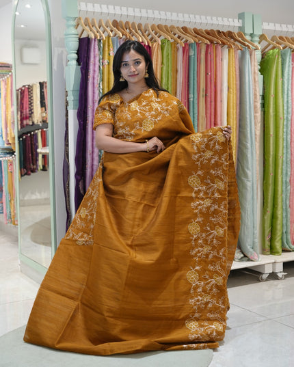 Tusser silk saree with applique and pitta work with scallop border-mustered yellow