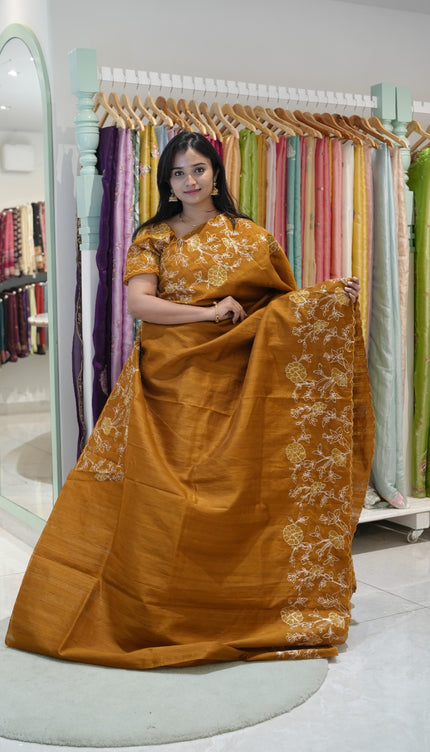 Tusser silk saree with applique and pitta work with scallop border-mustered yellow