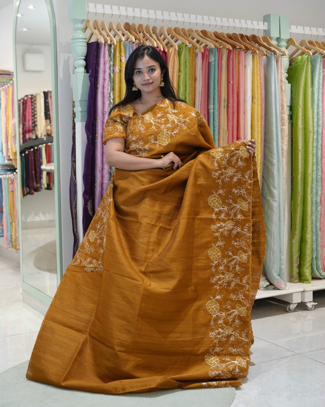 Tusser silk saree with applique and pitta work with scallop border-mustered yellow