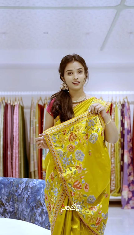 Kora Dupion Saree with Thread Work Border -Yellow