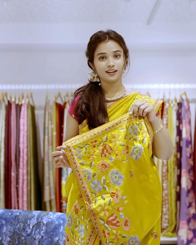 Kora Dupion Saree with Thread Work Border -Yellow
