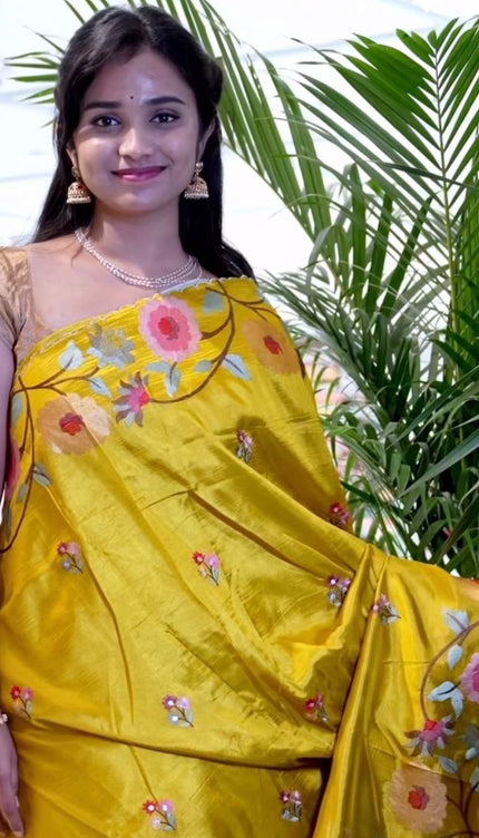 Dupion Saree with Thread  Work and Scallop Border-Yellow