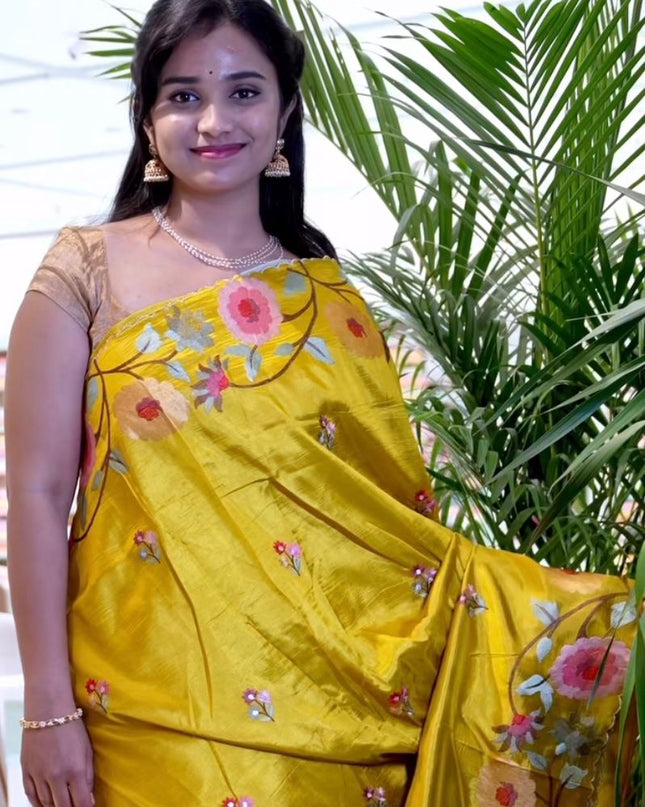 Dupion Saree with Thread  Work and Scallop Border-Yellow